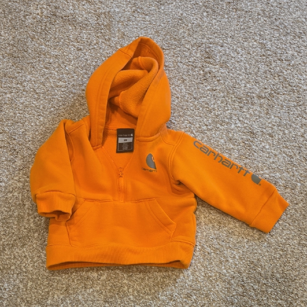 6m Carhartt Half Zip Hoodie Sweatshirt. Orange With Green Writing. Baby Boy